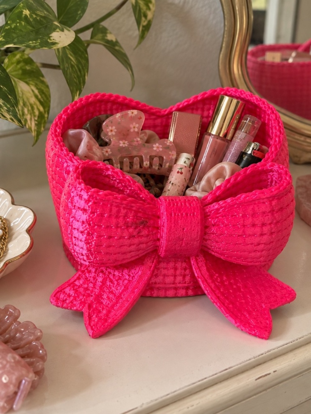 Hot Pink Bow Heart Trinket Basket | 3D Printed Artist Made Organizer